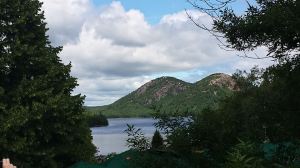 Jordan Pond and the Bubble Mountains, taken from the upstairs gift shop at the Jordan Pond House